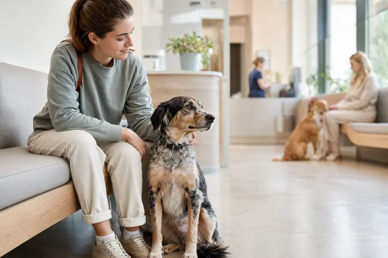 Ein Laverack-Setter sitzt ruhig neben seinem Besitzer im hellen Wartezimmer einer modernen Tierarztpraxis.